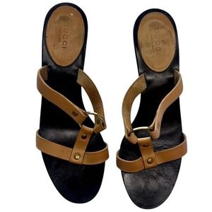 Gucci Tan Leather Strappy Kitten Heel Sandals Gold Hardware Made in Italy 37 C